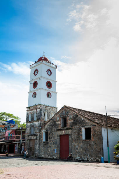 Jose Celestino Mutis square and the bell tower of the San Sebastian Church built between 1553 and 1653 at the town of Mariquita in Colombia Mariquita, Colombia - May, 2022: Jose Celestino Mutis square and the bell tower of the San Sebastian Church built between 1553 and 1653 at the town of Mariquita in Colombia tolima stock pictures, royalty-free photos & images