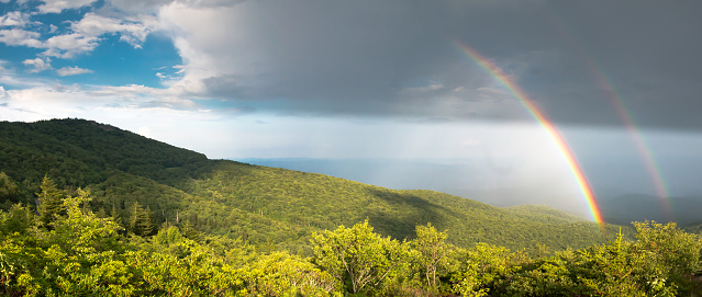 A panoramic of a double rainbow from the Carolina mountains.