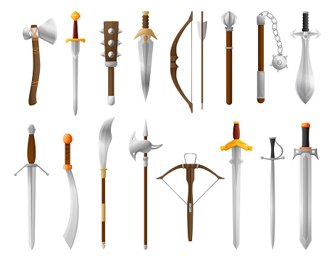 Cartoon medieval weapon. Old sword, bow and axe. Fantasy knight battle weapons vector illustration set. Steel ancient equipment for warriors or soldiers protection or fight isolated