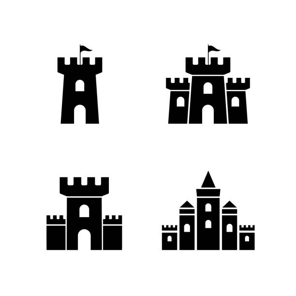 ilustrações, clipart, desenhos animados e ícones de torre símbolo do ícone do ícone do vetor do castelo. ícone de silhueta medieval da torre do castelo - fort