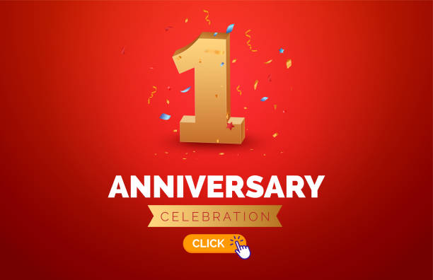 ilustrações de stock, clip art, desenhos animados e ícones de anniversary birthday 1 year golden red background. happy vector poster 1st anniversary confetti celebration poster - streamer celebration anniversary backgrounds