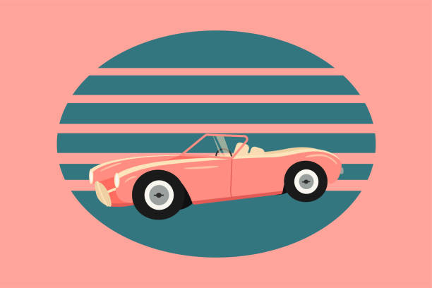 istock Pink retro car on dark blue-pink background. Vintage cabriolet in a realistic style. Vector illustration 1407590593