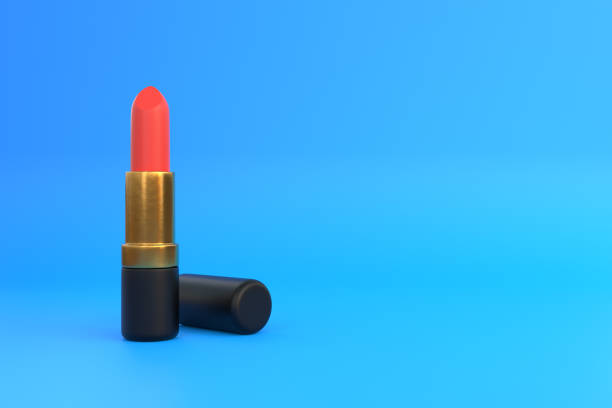 istock Red lipstick close-up on a pastel blue background with copy space 1407591231