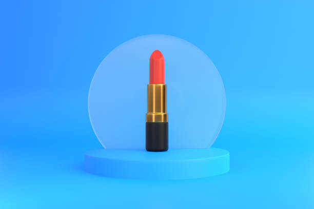 istock Red lipstick close-up on a pastel blue background with copy space 1407591257