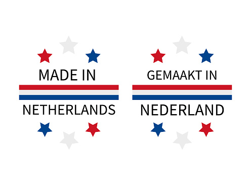 Made in Netherlands labels in English and in Dutch languages. Quality mark vector icon. Perfect for logo design, tags, badges, stickers, emblem, product package, etc.