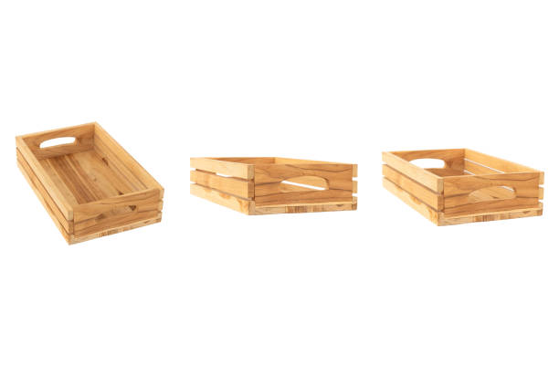Group of empty wooden crate boxes isolated on white background.