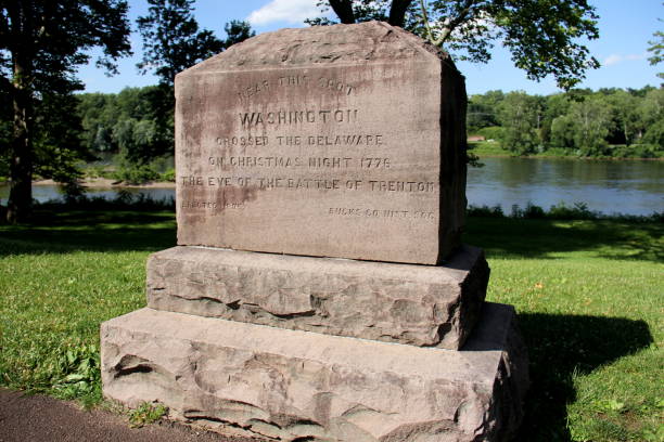 Memorial Stone at the 1776 Delaware Crossing site, Washington Crossing Historic Park, PA, USA stock photo