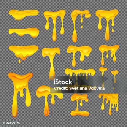 istock Flowing yellow viscous liquid on a transparent isolated background set. 1407599170