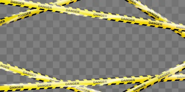 Vector illustration of Realistic crossing caution tape of warning signs for construction area or crime scene. Template banner with Danger tape. Police line and do not cross ribbon. Warning danger tape. Ribbons for accident