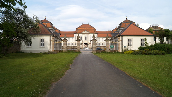 Schloss Fasanerie, palace complex from the 1700s, near Fulda, approach to the main front gate from the park, Eichenzell, Germany