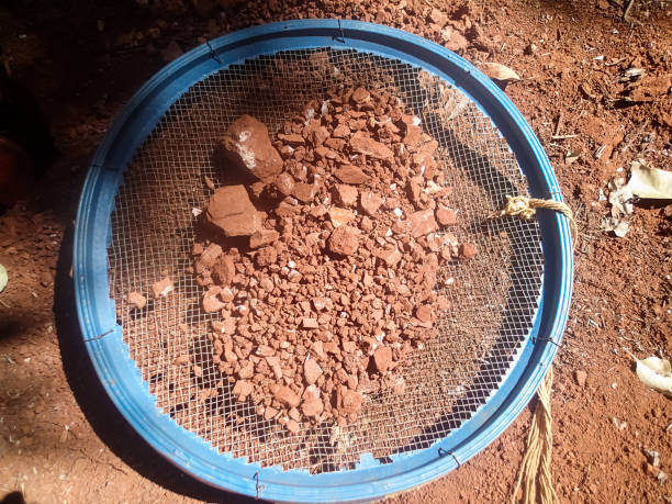 Archaeological excavation: sieve with dirt. stock photo