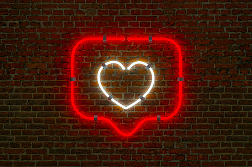 3D Heart Balloon Like Light Sign Neon Lamp on Dark Brick Wall Background