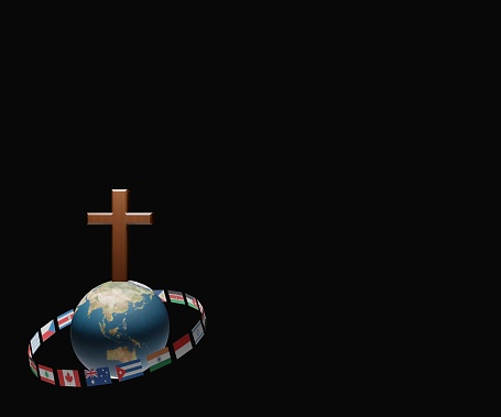 cross on planet earth and international flags  background 3d rendering