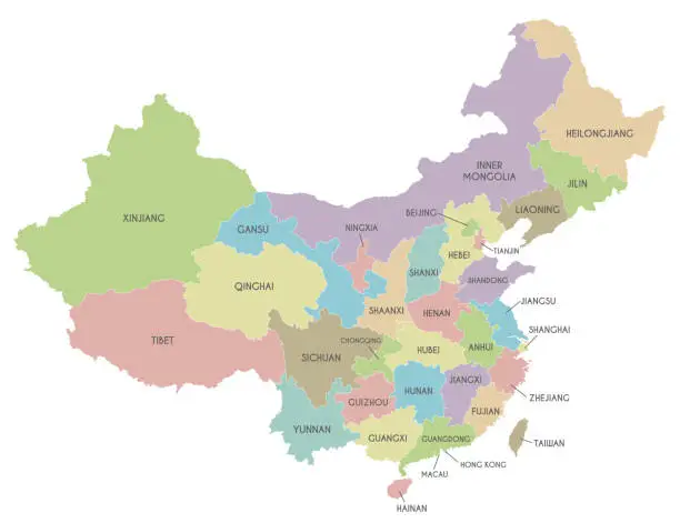 Vector illustration of Vector map of China with provinces, regions and administrative divisions. Editable and clearly labeled layers.