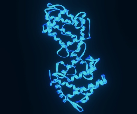 Isolated Aequorin protein generates blue light from jellyfish DNA 3d rendering