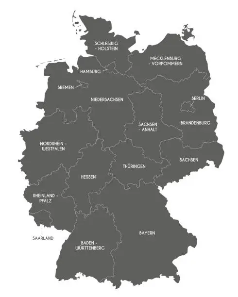 Vector illustration of Vector map of Germany with federated states or regions and administrative divisions. Editable and clearly labeled layers.