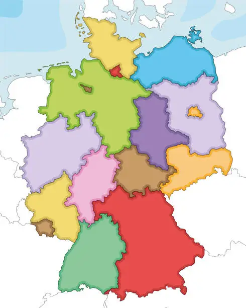 Vector illustration of Vector illustrated blank map of Germany with federated states or regions and administrative divisions, and neighbouring countries. Editable and clearly labeled layers.