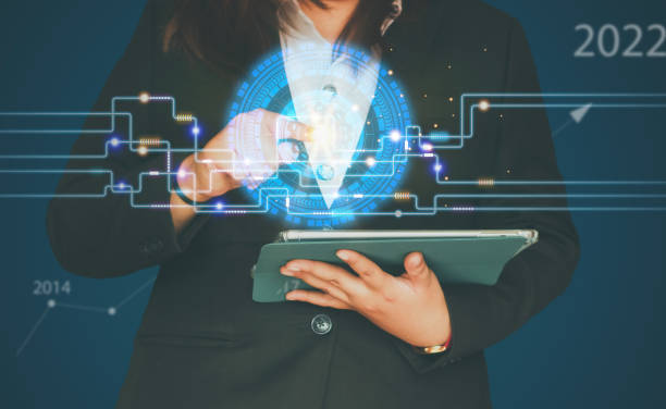 istock Businesswoman using smartphone to do online errands and communication too future technology. Connecting data to the world by internet technology, big data, searching for information, online marketing. 1407613472