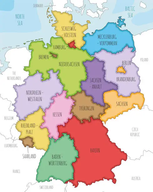Vector illustration of Vector illustrated map of Germany with federated states or regions and administrative divisions, and neighbouring countries. Editable and clearly labeled layers.