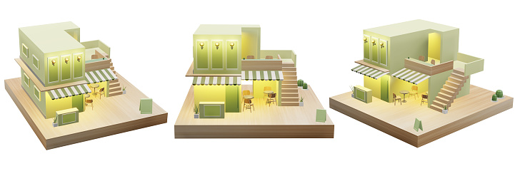 Candy shop Coffee shop Restaurant Cartoon model  set included 3d illustration isolated on a white background with clipping path