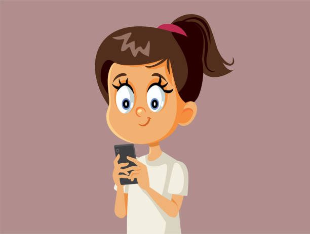 Little Girl Holding a Phone Vector Cartoon Illustration Happy child typing an SMS message talking online girl texting on phone stock illustrations