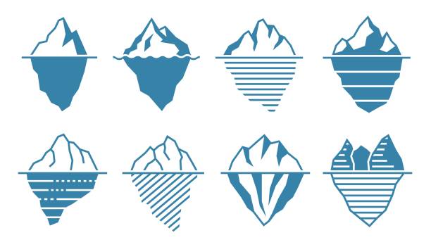illustrazioni stock, clip art, cartoni animati e icone di tendenza di iceberg piatto. aceberg galleggianti con parte e punta subacquea, modello di infografica e set di illustrazioni vettoriali del ghiacciaio artico - iceberg ice mountain arctic
