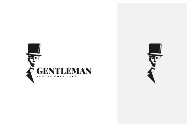 illustrazioni stock, clip art, cartoni animati e icone di tendenza di vintage gentleman mafia con tuta fantasia smoking e cappello logo design in stile silhouette - smoking issues illustrations