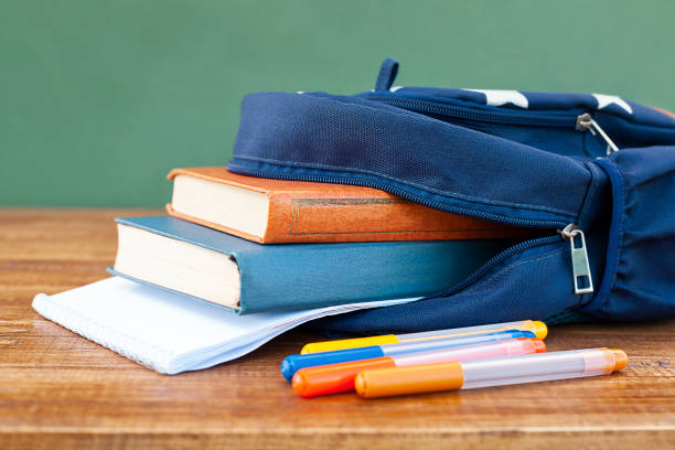 school supplies sticking out of a backpack close-up