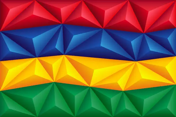 Vector illustration of Abstract polygonal background in the form of colorful red, blue, yellow and green stripes of the Mauritian flag. Polygonal flag of Mauritius.