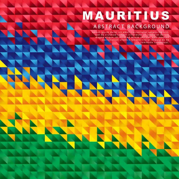 Vector illustration of Flag of Mauritius. Abstract background of small triangles in the form of colorful red, blue, yellow and green stripes of the Mauritian flag.