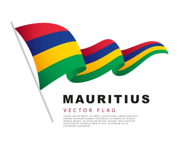 Vector illustration of The flag of Mauritius hangs on a flagpole and flutters in the wind. Vector illustration on a white background.