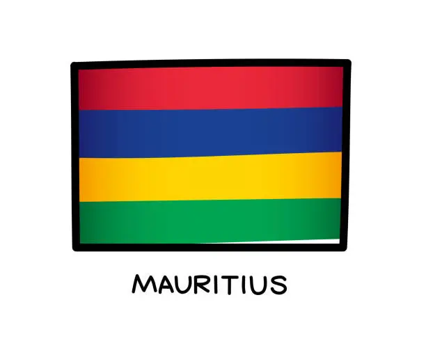 Vector illustration of Flag of Mauritius. Colorful logo of the Mauritian flag. Red, blue, yellow and green brush strokes drawn by hand. Black outline. Vector illustration