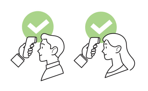 Covid body temperature check-Man and woman Covid19 coronavirus preventive measure line icons vector set. Body temperature check control. Hand holding non-contact infrared thermometer in front of a man and woman forehead. taking temperature forehead stock illustrations