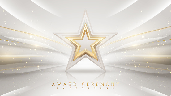 Award ceremony background with 3d gold star element and glitter light effect decoration.