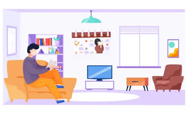 Vector illustration of Man sitting on armchair and reading I stay at home social media campaign for coronavirus prevention