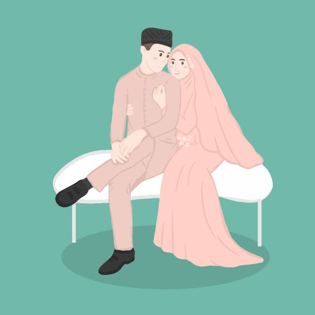 illustrazioni stock, clip art, cartoni animati e icone di tendenza di personaggi di coppia di nozze musulmani, sposi in stile musulmano. - wedding invitation invitation formalwear flower