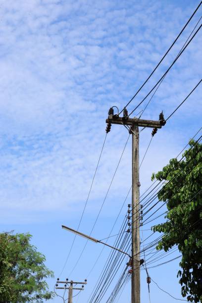 istock Electricity pole with green tree, blue sky, and white cloud. 1407633613