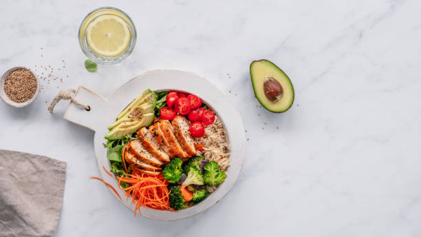 Grilled chicken, rice, veggie and avocado bowl background