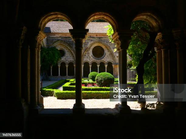 Cloister Of Fontfroide Abbey Aude Stock Photo - Download Image Now - Abbey - Monastery, Architecture, Aude