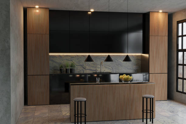 3d rendering of modern kitchen with wood slats and black fronts stock photo
