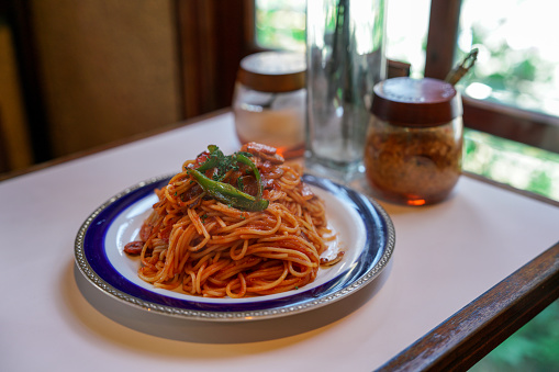 Spaghetti Napolitana in a retro coffee shop.