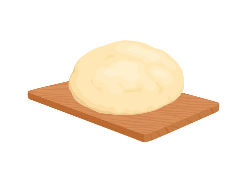 Raw pastry dough on wooden cutting board isolated on white background. Vector cartoon flat illustration of baking.