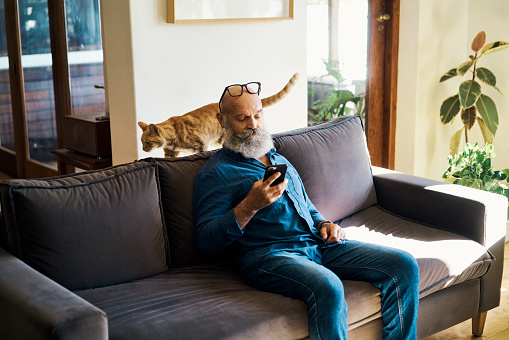 Senior man using a phone to search the internet while on the couch at home. One mature male relaxing and scrolling or browsing on social media online on the sofa. Retired guy typing a text message