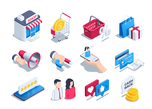 isometric vector illustration on a white background, a set of icons on the theme of shopping and marketing, a store with a basket and a trolley for groceries