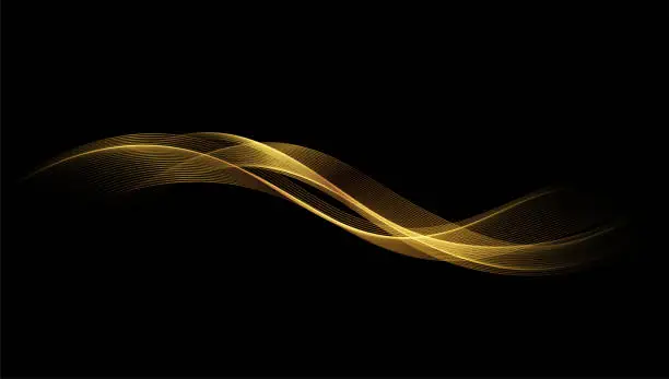 Vector illustration of Abstract Gold Waves. Shiny golden moving lines design element on dark background for greeting card and disqount voucher.