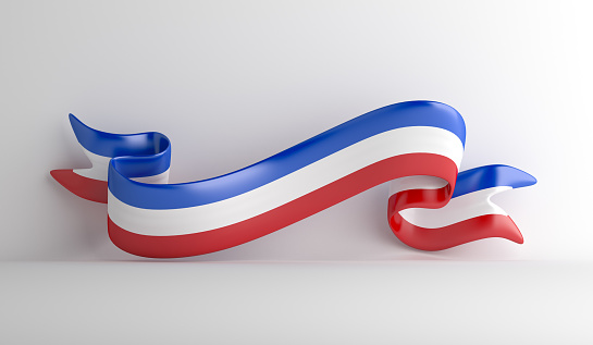 France ribbon waving flag on white background, Happy Bastille Day, French National Day 14 of July decoration background, 3d rendering illustration