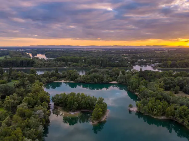 Aerial View on the quarry lake Rohrhofer See at Bruehl in Germany.