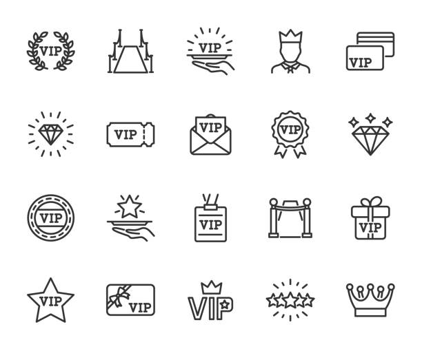 vektorsatz von vip-liniensymbolen. enthält symbole vip-karte, exklusiv, diamant, vip-pass, vip-kunde, roter teppich, vip-service und mehr. pixel perfekt. - exklusiv stock-grafiken, -clipart, -cartoons und -symbole