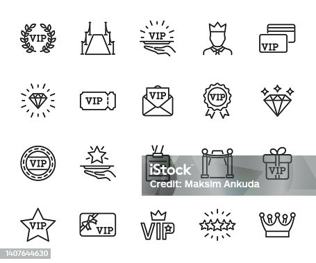 istock Vector set of vip line icons. Contains icons vip card, exclusive, diamond, vip pass, vip customer, red carpet, vip service and more. Pixel perfect. 1407644630