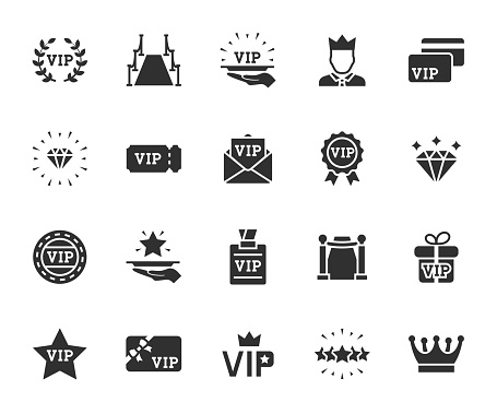 Vector set of vip flat icons. Contains icons vip card, exclusive, diamond, vip pass, vip customer, red carpet, vip service and more. Pixel perfect.